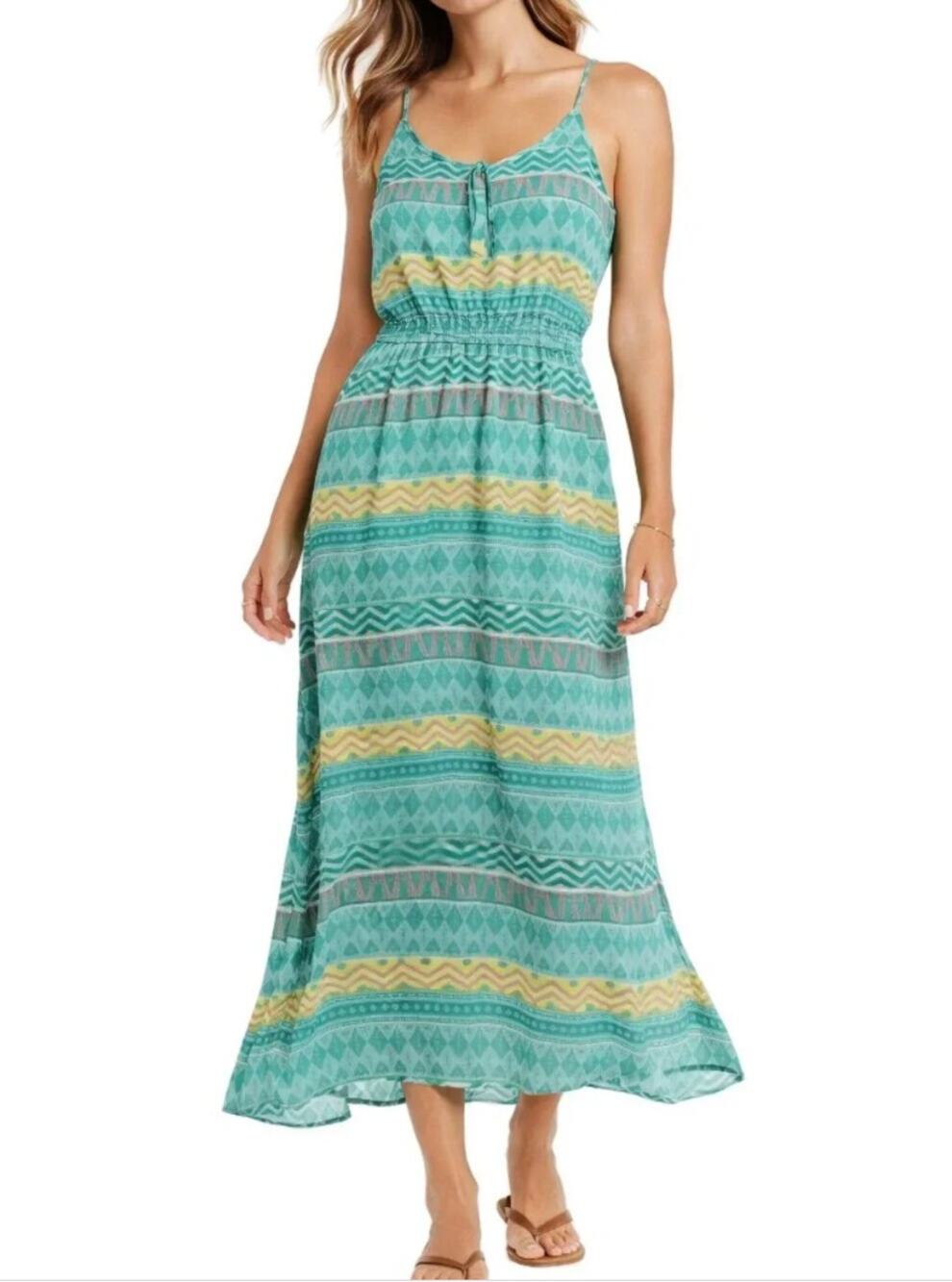 Dina Be Maxi Dress M Blue Green Boho Geo Print Smocked Beach Vacation